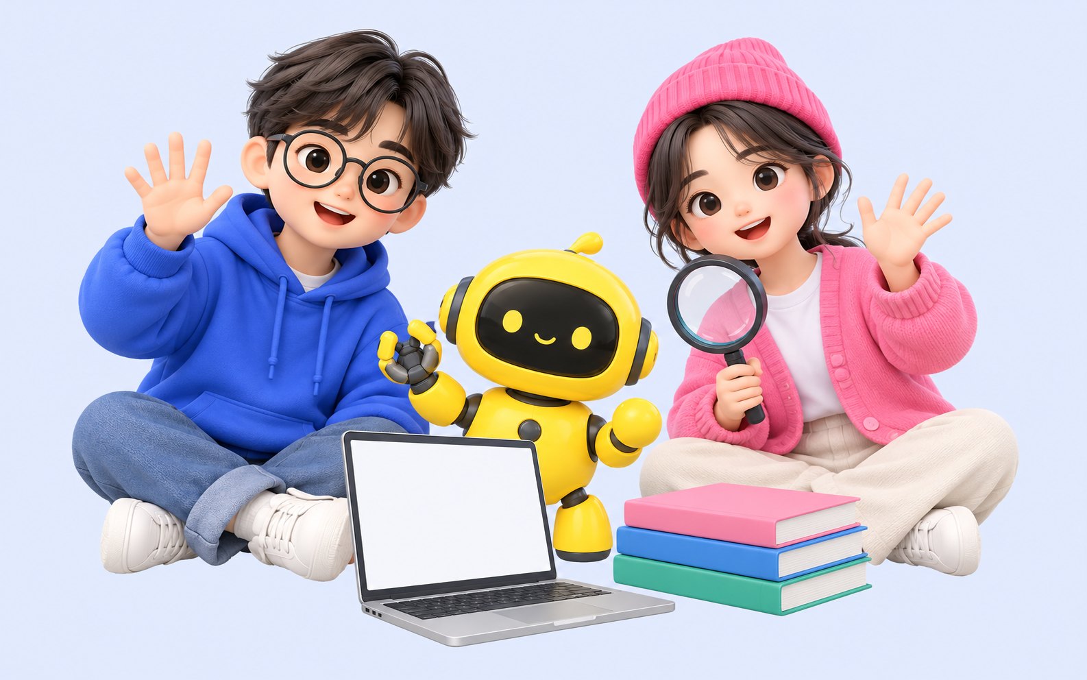 파란 후드티 코더, 핑크 비니 리서처, 노란 클로 봇이 노트북 옆에서 손을 흔드는 3D 그림